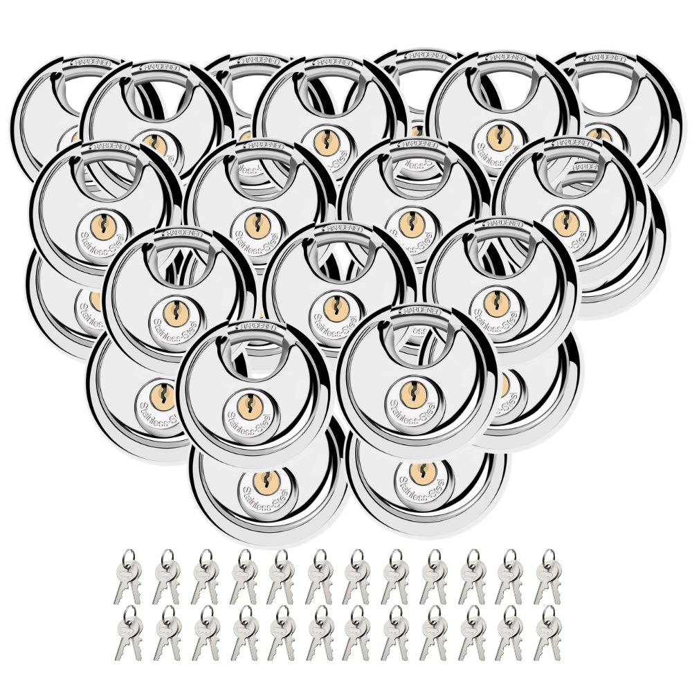 Pack of 24 Acro Locks Discus Keyed Alike Padlock Stainless Steel Discus Lock with 2 Keys, 3/8 Inch Shackle Body Width 70mm, Heavy Duty Lock Outdoor Waterproof Storage Lock for Warehouse, Garage, Storage Unit, Locker, and Outdoors