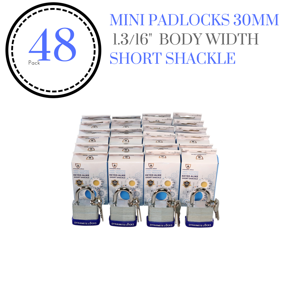 Pack of 48, Dynamite Locks with same keys, Laminated Padlocks 30 mm or 1.3/16" Keyed Alike Commercial Grade, Hardened Shackle