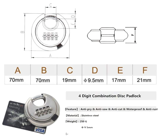 Pack of 48 Discus Stainless Steel Combination 4 Digits 70mm, Stainless Steel Discus Lock with 2-3/4 in. Wide, 3/8 in. Diameter Shackle, Waterproof Discus Lock for Storage Unit, Sheds, Garages and Fence